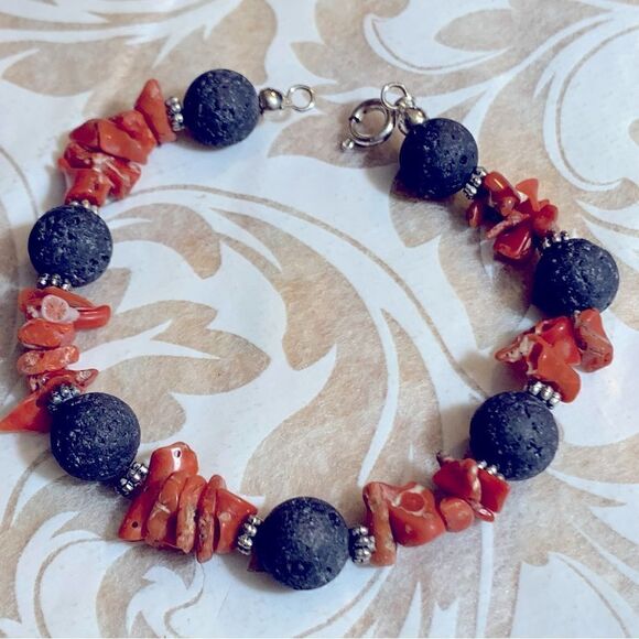 Lava Rock & Branch Coral Bracelet 6” Reiki Spiritual Healing Stones Gorgeous - Picture 1 of 2